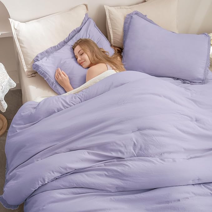 Andency Full Size Comforter Set Lavender, Purple 3 Pieces Boho Lightweight Bedding Comforters & Sets, All Season Soft Tassel Bed Set (78x90In Comforter & 1 Pillowcase)