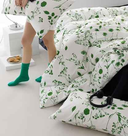 Sage Botanical Comforter Set Full White and Green Floral Plant Bedding Comforter Set Girls Garden Pattern Printed on White Blanket Rustic Leaf Blossom Women White Farmhouse Comforter Full