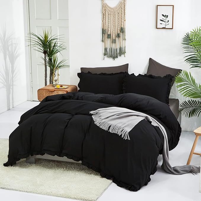 Black Ruffled Comforter Set Full Size Bedding Set Women Black Ruffles Blanket Men Black Ruffled Comforter Farmhouse Ruffle Fringe Design Girls 3 PCs Solid Black Ruffled Bedding Set