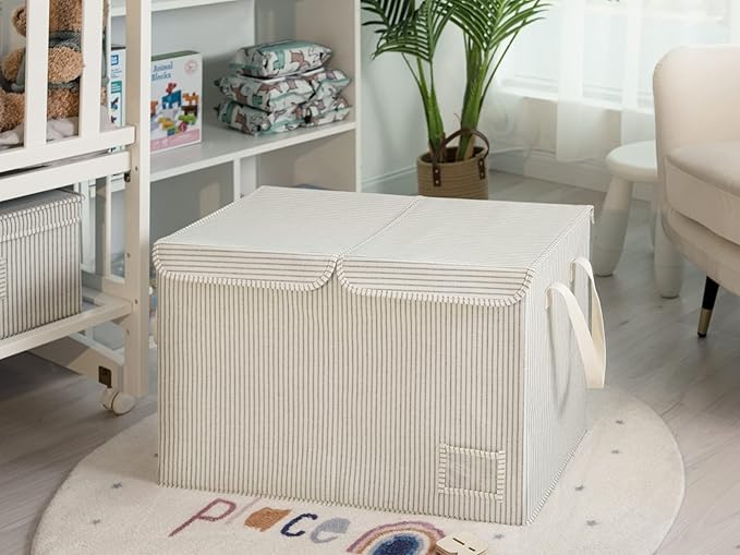 StorageWorks Toy Storage Organizer with Flip-Top Lids, Large Toy Chest for Living Room, Nursery Room, Playroom, Large Toy Bins for Toddlers, Gray and White Stripes, 24 ¾"L x 13" W x 16" H