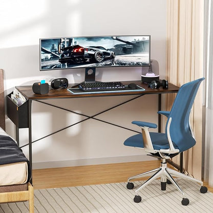 MoNiBloom Home Office Gaming Desk, 55 Inches Computer Study Table with A Storage Bag, Rustic Brown