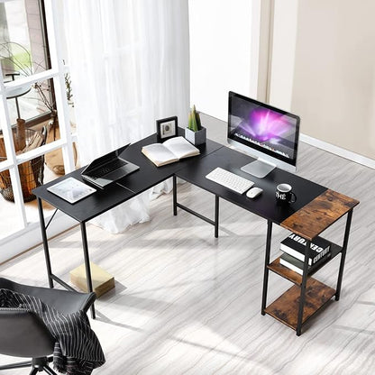 FurnitureR L-Shaped 58.3'' Corner Computer Desk with Storage Shelf Long Gaming Desk for Home Office PC Workstation Saving Space Laptop Table, Black and Brown