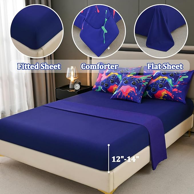 Full Size Gamer Comforter Set for Boys, Game Controller 6 Pcs Bed in a Bag Full Gaming Bediing Set for Boys Kids