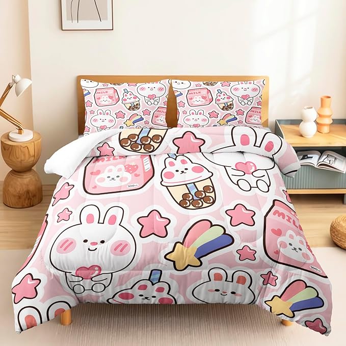 CVHOUSE Kawaii Bedding Full Size,Kawaii Rabbit Bedding Set for Girls Kids,Cute Rabbit Comforter Set Kawaii Rabbit Duvet Set Rabbit Pattren Quilt Set Girls Room Decor 3 Pieces