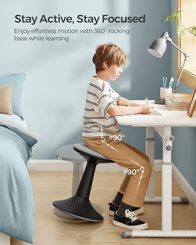 SONGMICS Kids Wobble Chair, Wiggle Stool for Kids Ages 8-12, Comfortable 60D Foam Seat, Breathable Fabric, Anti-Slip Base, 18.1-Inch High, Tool-Free Assembly, Ink Black and Dove Gray UOSC010B01
