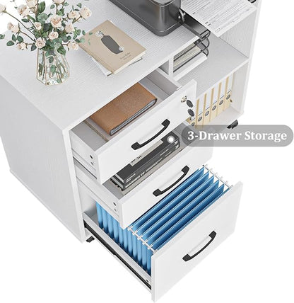 3 Drawer File Cabinets, Mobile Lateral Printer Stand with Open Shelf, Rolling Filing Cabinet with Wheels Home Office Organization and Storage (White)