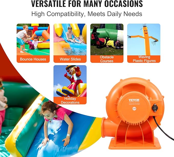 VEVOR Inflatable Blower, 900W, 1 HP & 1.2 HP Bounce House Blower, Commercial-grade Air Blower for Inflatables, 3300 RPM, Bouncy Castle Electric Blower Perfect for Bounce House, Waterslides, ETL Listed