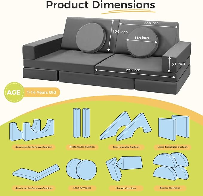 Modular Kids Play Couch, 18pcs Toddler Floor Sofa, Sectional Couch for Children, Fortplay Bedroom and Playroom Furniture for Playing, Creativing, Convertible Foam and Floor Cushion for Boys and Girls