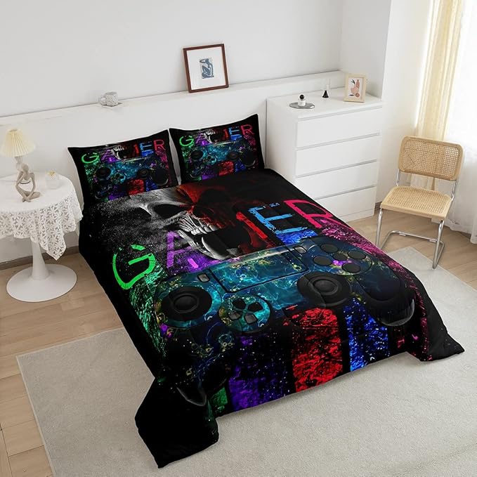 Gamer Bedding Sets for Boys, Gaming Down Comforter Full Size, Gamer Room Decor Bedding Kids Video Games Comforter Set, Sugar Skull Gamepad Bed Duvet Sets for Men Bedroom,with 2 Marble Pillow Sham