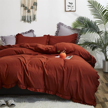 Rust Ruffled Comforter Set King Size Bedding Set Women Caramel Ruffles Blanket Men Burnt Orange Ruffled Comforter Farmhouse Ruffle Fringe Design Girls 3 PCs Cinnamon Color Ruffled Bedding Set