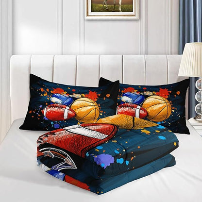 Axolotl Ball Game Bedding Set Twin,Basketball Comforter Set Sports Bedding,Volleyball Comforter Set Soccer Bedding,Football Comforter Colorful Grunge Style for Kids Boys Teens,1 Quilt 2 Pillowcases