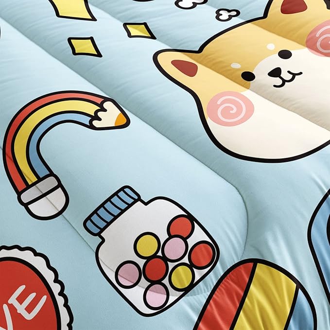 Datura home Kids Comforter Set Kawaii Dogs Bedding Set Cute Shiba Inu Corgi Printed Pattern Home Decor with 1 Comforter and 2 Pillowcases for Boys and Girls All Season(Blue Shiba Inu Full) 80x90''