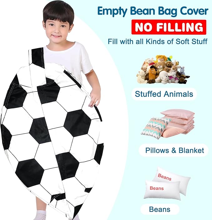 Lukeight Stuffed Animal Storage Bean Bag Chair Cover for Kids, Soccer Zipper Beanbag Chair Cover for Organizing Toddler & Kids' Rooms Plush Toys (Soccer Velvet, XX-Large)