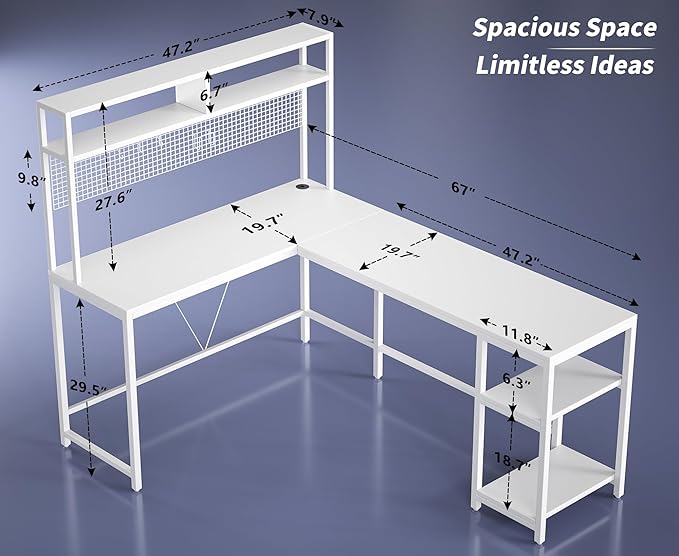 L Shaped Desk with Hutch - 67" L Shaped Gaming Desk with LED Lights, Corner Computer Desk with Storage Shelves, L Shaped Office Desk with Pegboard, White