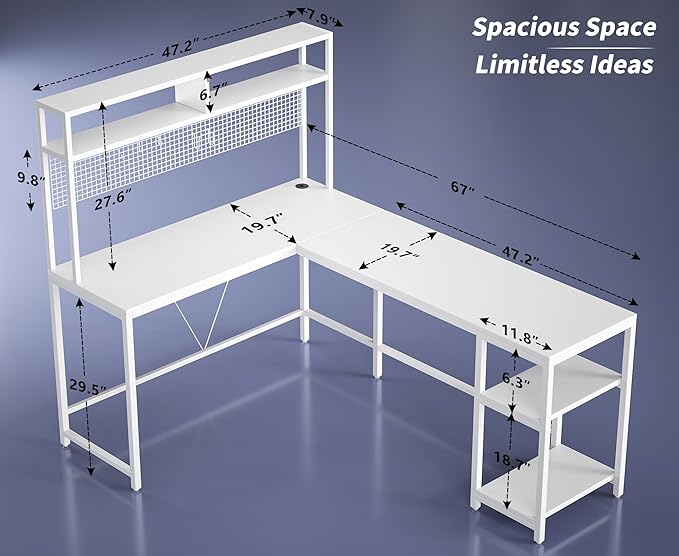L Shaped Desk with Hutch & Pegboard - Reversible 67" L Shaped Gaming Desk with LED Lights, Corner Computer Desk with Storage Shelves, White