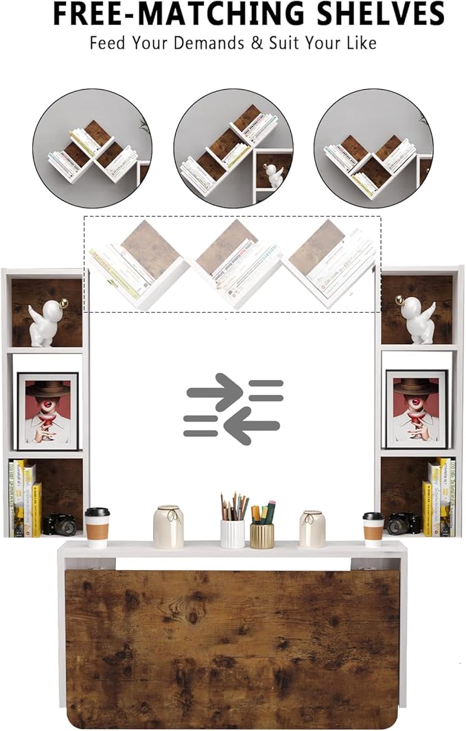 Folding Wall Mounted Drop Leaf Table, Foldable Desk with Moveable Cabinets, Floating Laptop with Convertible Storage Shelves, Multifunctional Computer Workstation in Home for Space Saving