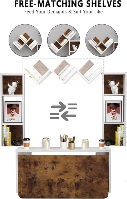 Folding Wall Mounted Drop Leaf Table, Foldable Desk with Moveable Cabinets, Floating Laptop with Convertible Storage Shelves, Multifunctional Computer Workstation in Home for Space Saving