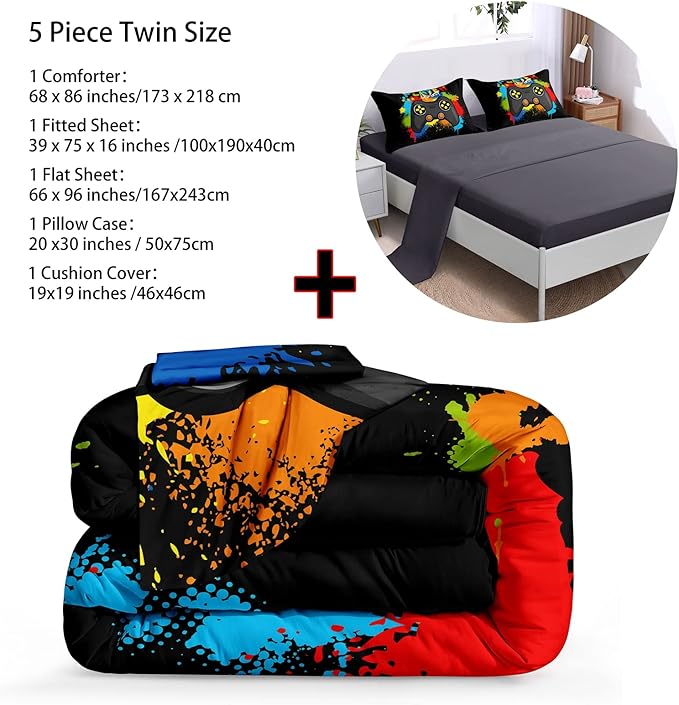 Gamer Comforter Set Gaming Twin Size,Video Game Controller Comforter for Boys Kids Adult 3D Gamepad Microfiber Bedding Sets 5 Pieces Bed in A Bag Sets30019,Twin