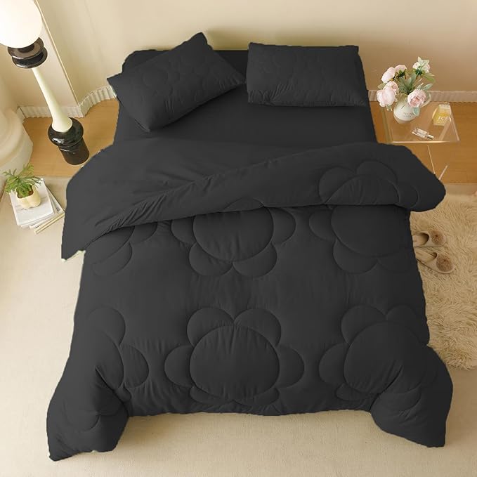 Black Flower Comforter Queen Black Flower Print Bed Queen Comforter Set 3 Pieces Dark Black Floral Comforter Set for Women Girls Bedroom Decor All Season Hotel Quality Comforter Set