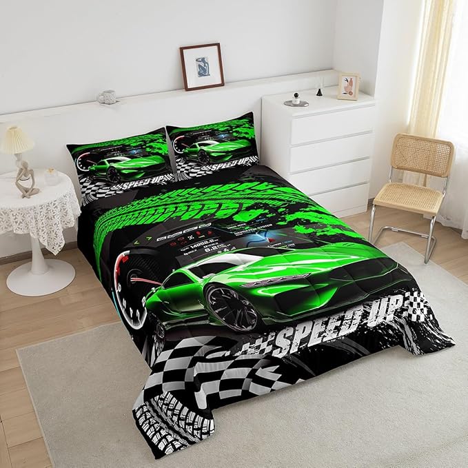 Feelyou Kids Boys Girls Race car Comforter Twin Size, Green Race Car Buffalo Plaid Comforter Set for Teens Toddler Sports Car Bedding Set Racing Car Duvet Set Room Decor Quilt Set Bedding Collection