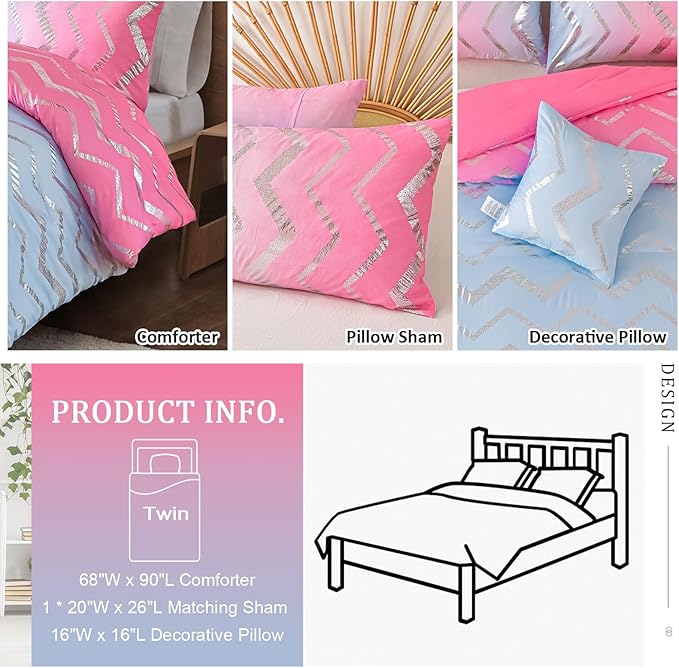 Girls Comforter Set Twin Size Ombre Pink Purple Bedding Rainbow Comforter for Kids Teen Women,3 Pieces (1 Comforter,1 Pillowcase,1 Decorative Pillow Sham)