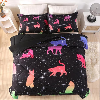 ENCOFT Comforter Set Queen for Girls and Boys, Premium 3 Piece Cats Bedding Set Black, Comfortable and Breathable for Teens and Adults, 1 Comforter and 2 Pillowcases