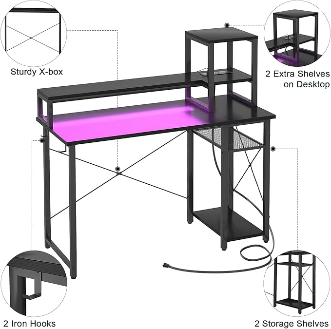 armocity 2024 Upgrade Gaming Desk with LED Lights, Small Computer Desk with Long Monitor Stand, 40'' Reversible Laptop Table with Storage Shelves, Small Desk for Small Spaces, Gaming Room, Black