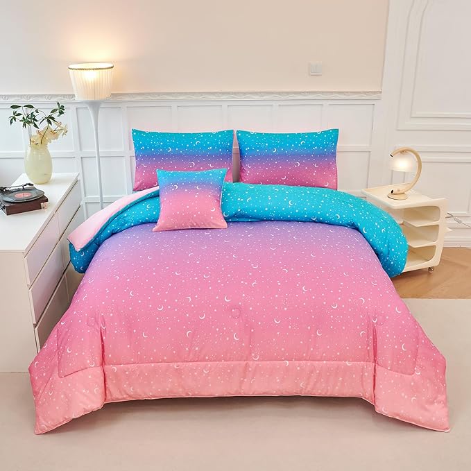 URBONUR Rainbow Comforter Set Queen Size for Teen Girls & Boys Women, Multicolor Moon Printed Bedding Set, 6 Pieces Bed in a Bag, Soft All Season (Rainbow, Queen)