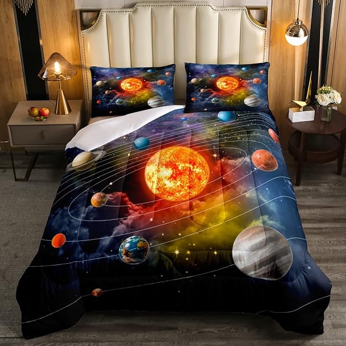 Erosebridal Solar System Bedding Set Twin Galaxy Space Comforter Set for Kids Boys Toddler Outer Space Room Decor Nebula Planets Orbit Comforter Celestial Universe Stars Quilt Duvet 1 Pillowcase