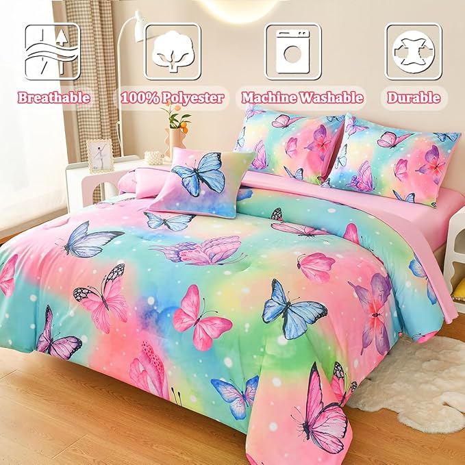Butterfly Bedding Set Full, Pink Butterfly Comforter Set for Girls Kids Teens 6 pcs Bed in a Bag Full Bedding Sets for Girls