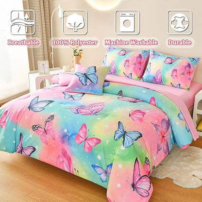 Butterfly Bedding Set Full, Pink Butterfly Comforter Set for Girls Kids Teens 6 pcs Bed in a Bag Full Bedding Sets for Girls