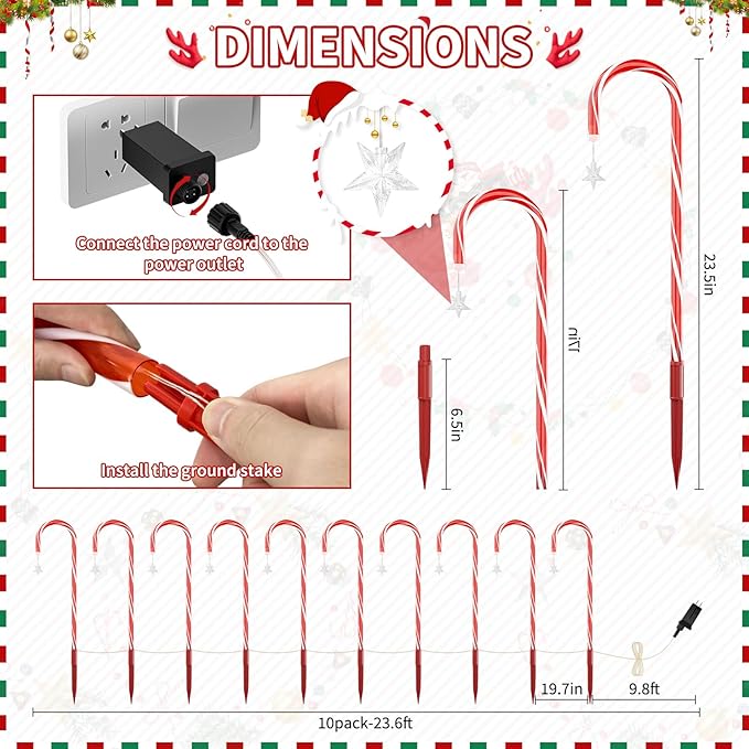 AOSEA Christmas Candy Cane Lights, Upgraded 80 Red LEDs Christmas Decorations Outdoor&Indoor, 10 Pack Waterproof Christmas Lights with 8 Lighting Modes for Pathway, Yard, Walkway, Lawn, Garden Decor