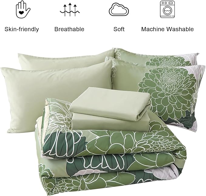 Yiran Bed in a Bag Green Comforter 7 Pieces Floral Bedding Set Soft Microfiber King Comforter Sets with 1 Comforter 1 Flat Sheet 1 Fitted Sheet 2 Pillowshams and 2 Pillowcases