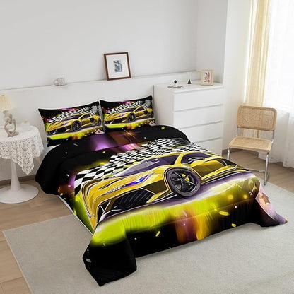 Feelyou Yellow Sports Car Comforter Sets Twin Size, Boys Race Car Bedding for Teens Girls Adult Extreme Speed Race Car Duvet Sets Black and White Grids Print Car Theme Bedroom Decor Quilts