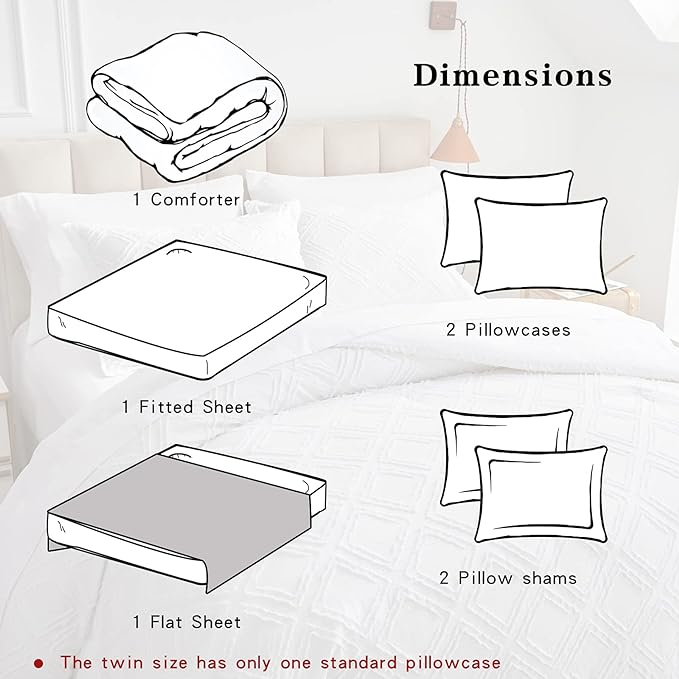 7 Pieces Tufted Bed in a Bag King Comforter Set with Sheets White, Soft and Embroidery Shabby Chic Boho Bohemian, Luxury Solid Color with Diamond Pattern, Jacquard Tufts Bedding Set for All Season