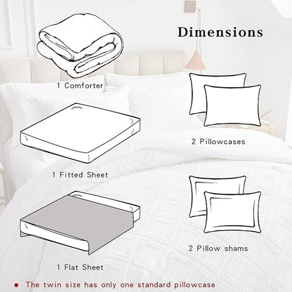 7 Pieces Tufted Bed in a Bag Queen Comforter Set with Sheets White, Soft and Embroidery Shabby Chic Boho Bohemian, Luxury Solid Color with Diamond Pattern, Jacquard Tufts Bedding Set for All Season