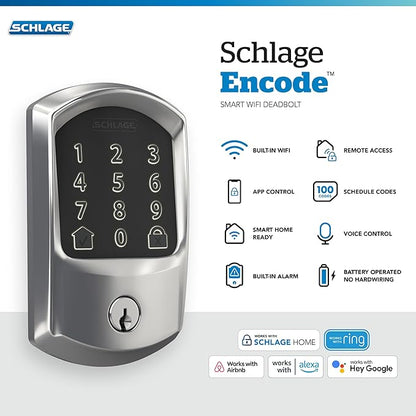 Schlage Encode Smart WiFi Deadbolt Lock for Front Door - Keyless Entry with App or Touchscreen - Works with Alexa, Apple HomeKit, Hey Google, & Airbnb - Create Codes for Guests - Bright Chrome Silver