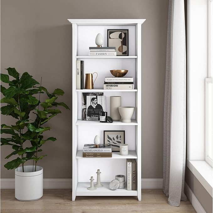 SIMPLIHOME Amherst SOLID WOOD 30 Inch Transitional 5 Shelf Bookcase in White, For the Living Room, Study Room and Office