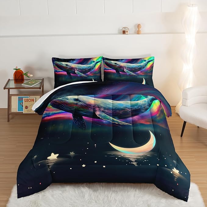 HOSIMA 3D Whale Galaxy Bedding Comforter Sets,Stars Moon Comforter Starry Room Decor Aesthetics,Ocean Theme Marine Life Whale Comforter with 2 Pillowcases Full Size Bed in a Bag Set for Adults Kids.