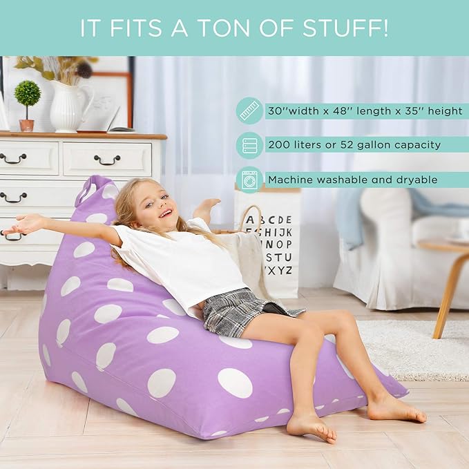 Aubliss Stuffed Animal Storage Bean Bag Chairs Cover, 50"x 35" Extra Large Bean Bags Chair for Kids & Adults, Beanbag Toy Storage for Boys Girls - Premium Cotton Canvas Purple Dot