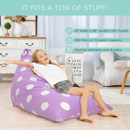 Aubliss Stuffed Animal Storage Bean Bag Chairs Cover, 50"x 35" Extra Large Bean Bags Chair for Kids & Adults, Beanbag Toy Storage for Boys Girls - Premium Cotton Canvas Purple Dot