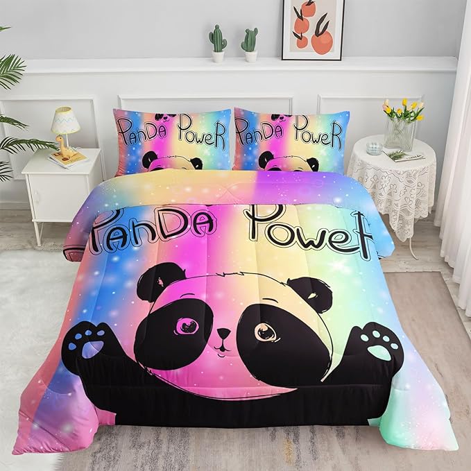 Datura home Bedding Comforter Set Rainbow Kawaii Cute Panda Printed Pattern with 1 and 2 Pillowcases for Girls Bedroom All Season(Panda Queen) Queen 90x90inches