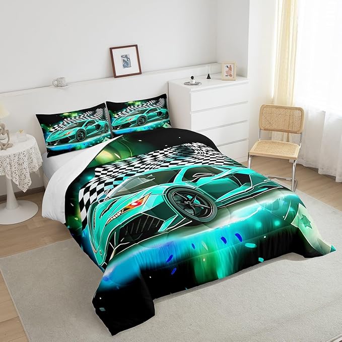 Teal Race Car Comforter Set King Size, Black White Lattice Bedding Set 2pcs for Kids Boys Teens Room Decor,Extreme Sport Games Quilt Set,Cool Modern Duvet Insert with 2 Pillowcases