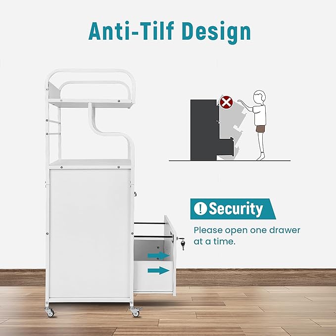 Vertical File Cabinet, 2 Drawer Mobile Filing Cabinet with 1 Bookshelf, Printer Stand with Open Storage Shelves Fits A4/Letter/Legal Size File Cabinets for Home Office Organizer, White