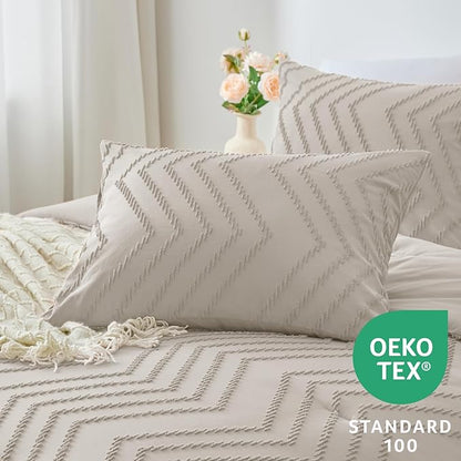CozyLux California King Size Comforter Set Beige - 3 Pieces Cal King Boho Tufted Shabby Chic Bedding Comforter Set for All Seasons, Chevron Bedding Sets with Comforter & 2 Pillow Shams