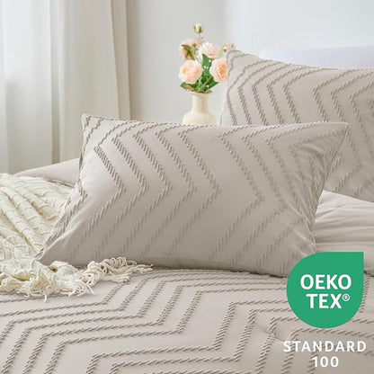 CozyLux Full Size Comforter Set Beige - 3 Pieces Boho Tufted Shabby Chic Bedding Comforter Set for All Seasons, Chevron Bedding Sets with Comforter & 2 Pillow Shams