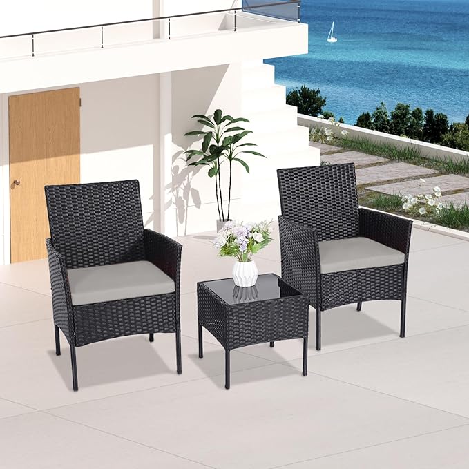 Patio Furniture Set 3 Pieces All-Weather Rattan Outdoor Furniture Patio Chairs with Tempered Glass Table for Porch Bistro Balcony Bistro Set(Black/Grey-2)