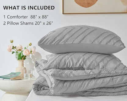 CozyLux Queen Comforter Set Light Grey - 3 Pieces Boho Tufted Shabby Chic Bedding Comforter Set for All Seasons, Chevron Bedding Sets with Comforter & 2 Pillow Shams