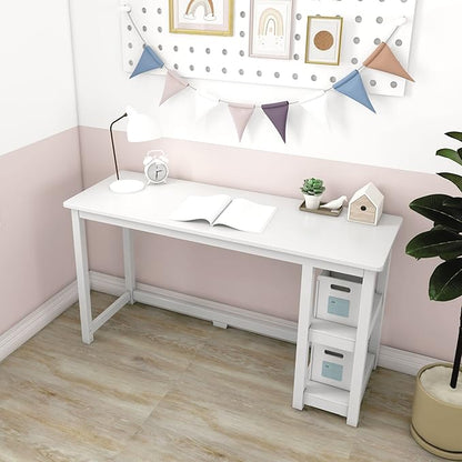Max & Lily Solid Wood Desk With Shelves, 55 Inches, White