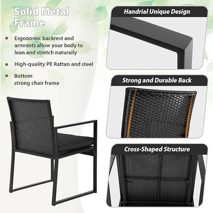 FDW Wicker Patio Chairs Rattan Bistro Set Outdoor Furniture for Backyard Porch Poolside Lawn, Cushion, Black and Black